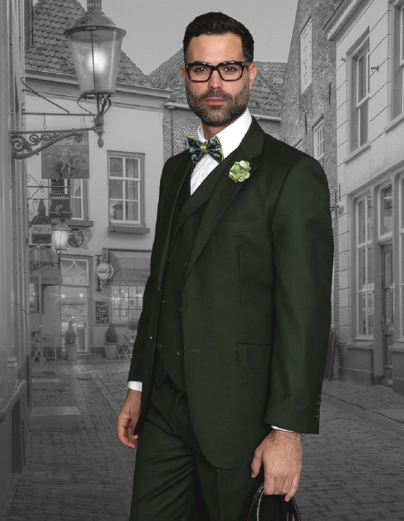 Men's olive green, classic fit, two-button suit with double-breasted vest. Features pleated pants, tailored fit, and structured silhouette. Includes a matching vest, white shirt, patterned bow tie, and a small flower.

