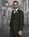 Men's olive green, classic fit, two-button suit with double-breasted vest. Features pleated pants, tailored fit, and structured silhouette. Includes a matching vest, white shirt, patterned bow tie, and a small flower.
