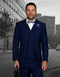 Sapphire blue men's suit: Classic fit, 2-button jacket, notch lapel. Pleated trousers and double-breasted vest create a layered look. Smooth fabric, fully lined jacket, straight-leg trousers.