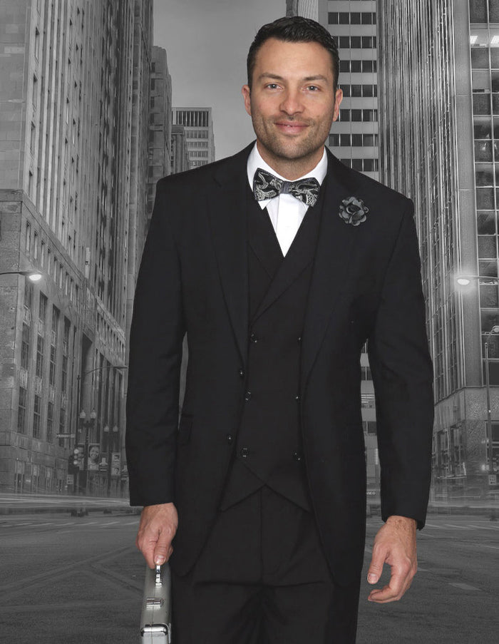 Black men's 2-button suit with pleated pants, a double-breasted vest, and structured shoulders. Classic fit, tailored silhouette, and solid black fabric.