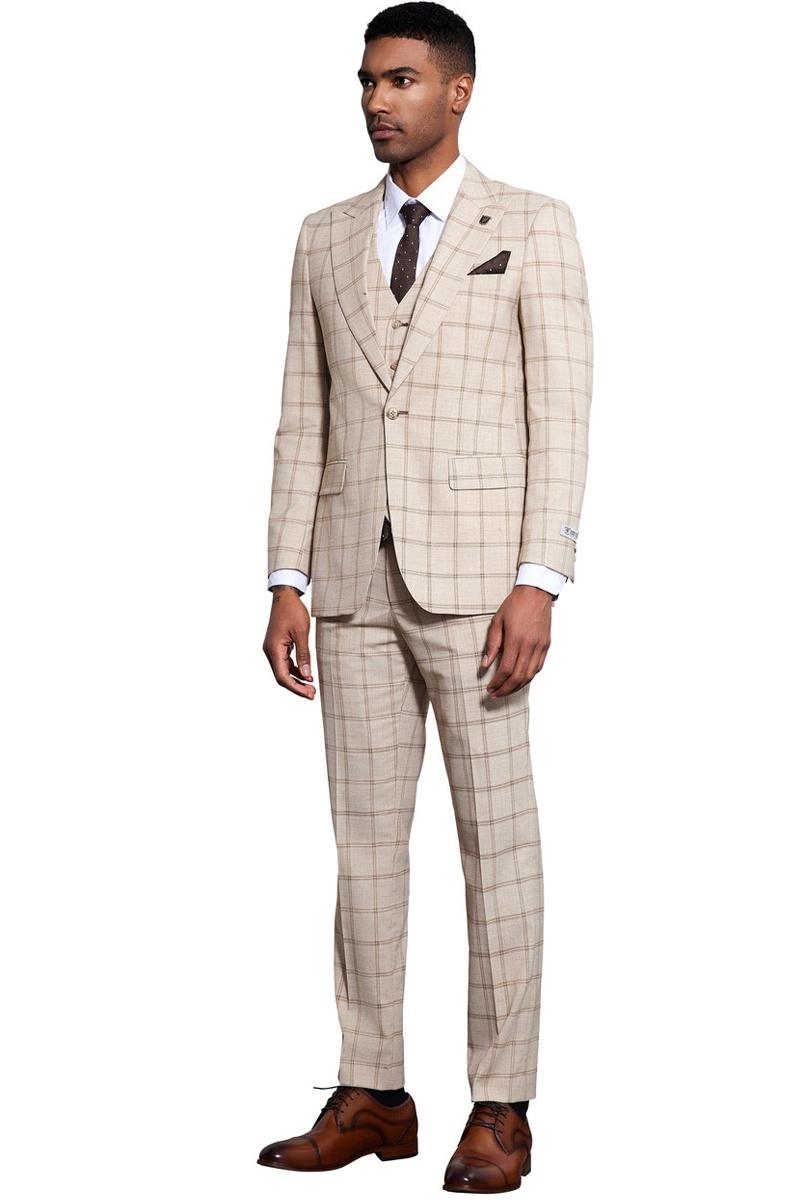 Stacy Adams men's tan windowpane plaid suit. One-button, peak lapel, vested design. Features contrasting lines, cuff details, and straight-leg pants for a structured, sophisticated look.
