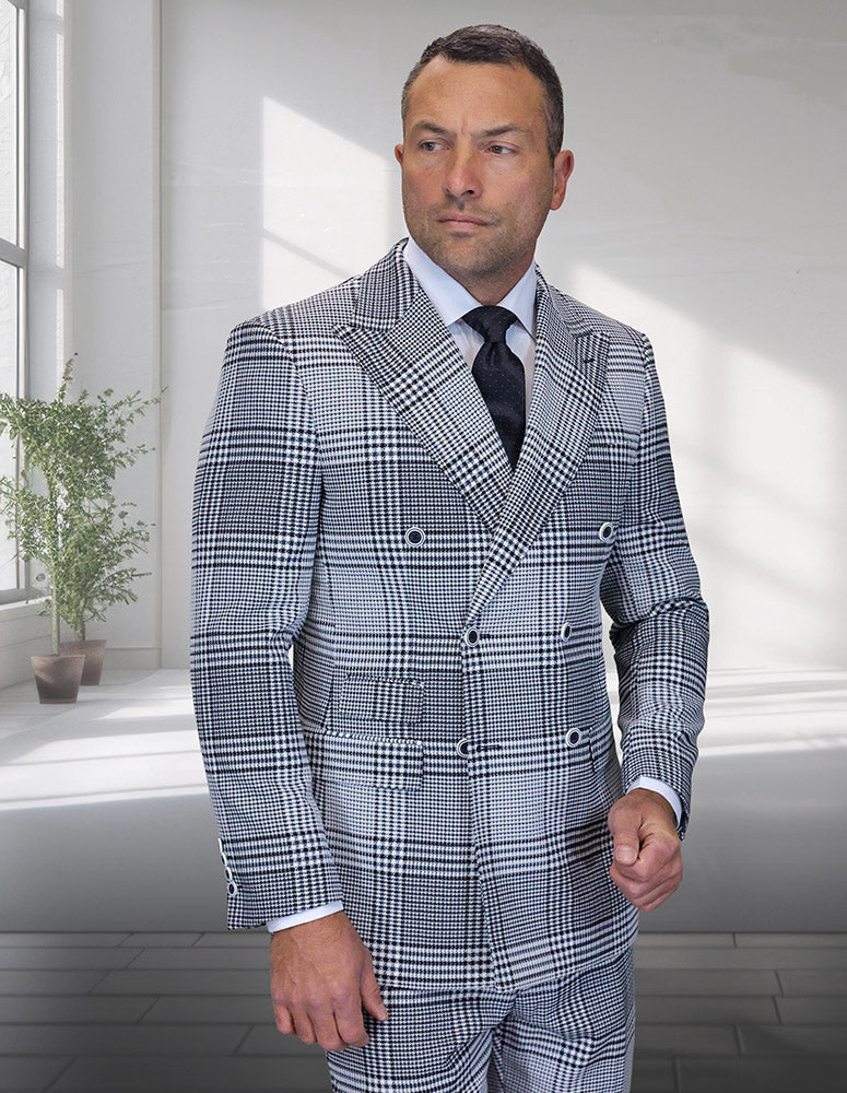 Statement Confidence Super 200's Italian Wool Plaid Double Breasted Suit in Natural