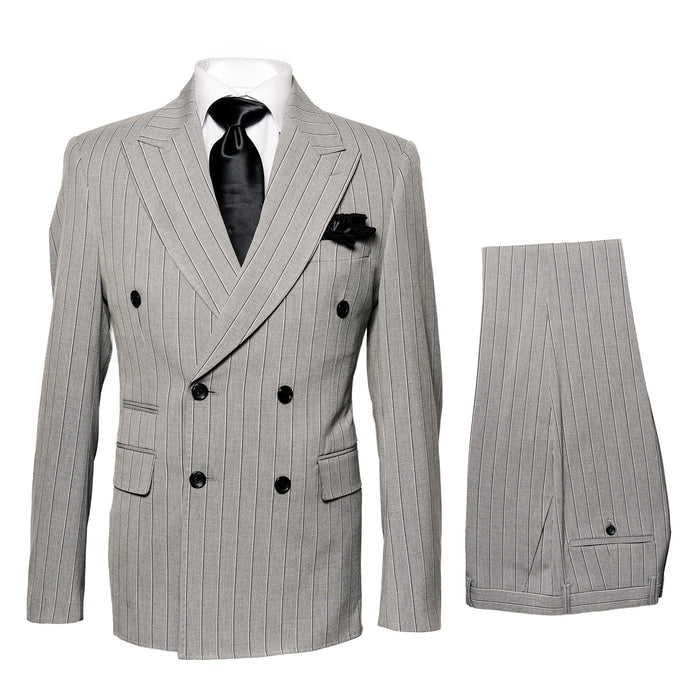 Gray & black pinstripe double-breasted suit. Modern fit with an angular jacket (two-row buttons) & straight-leg pants.
