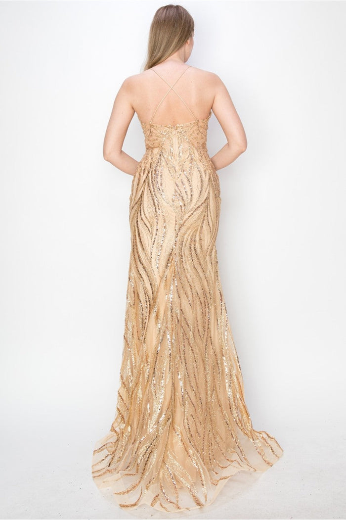 High Couture MJ1010 Long Formal Fitted Slit Sequin Evening Dress