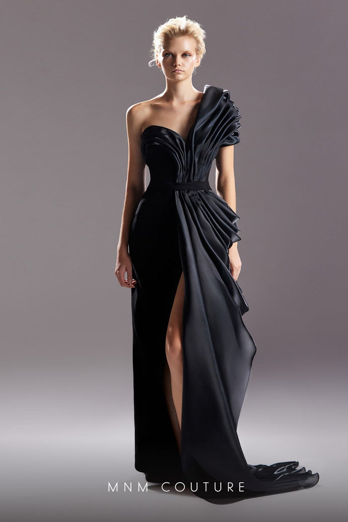 Gaby Charbachy G1507 One-Shoulder Black Draped Slit Gown by MNM Couture