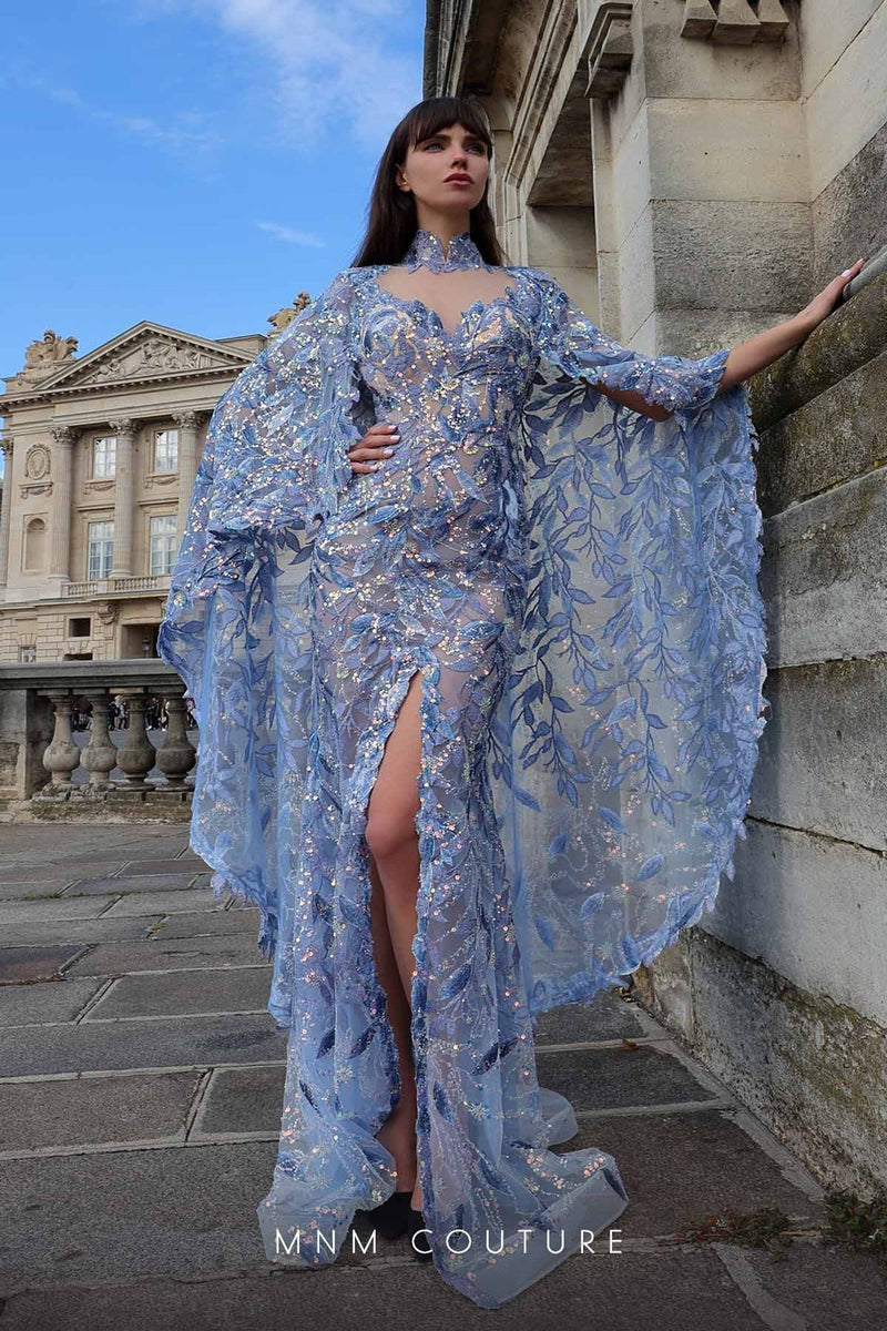 MNM Couture K4012 Blue Sheer Embellished Gown with Cape Sleeves