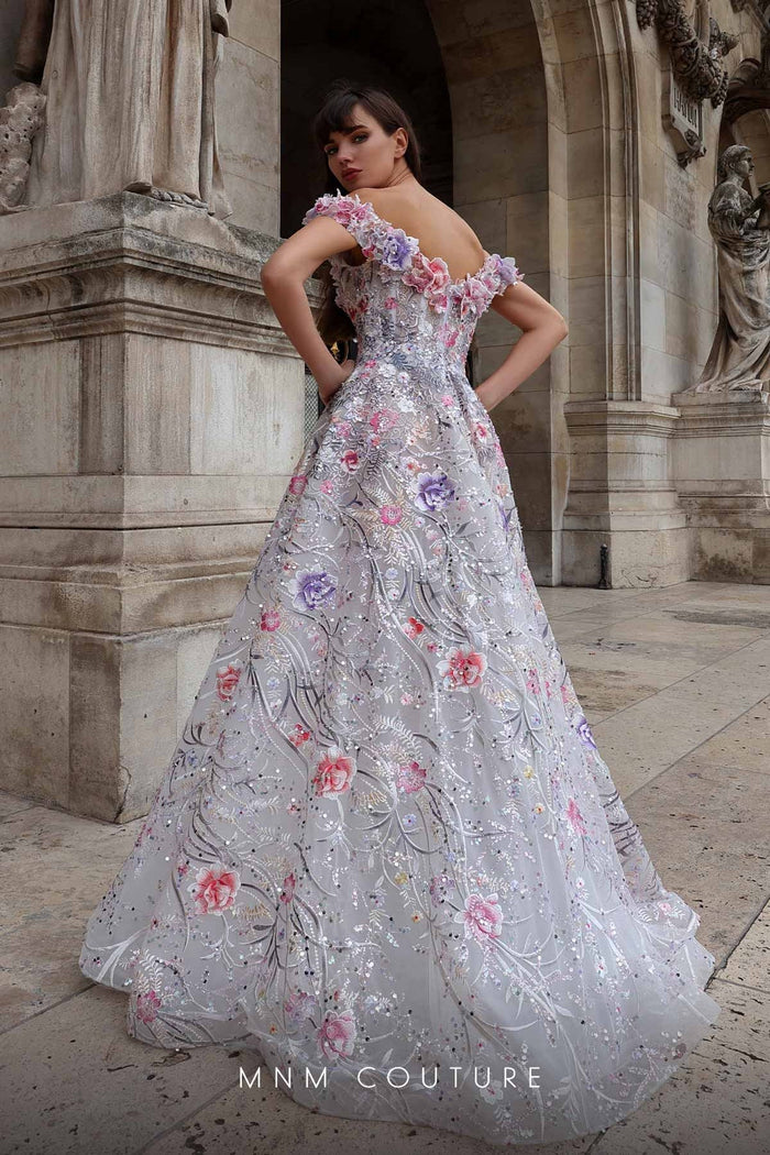 MNM Couture K4013 Off-Shoulder Floral Embellished White Gown