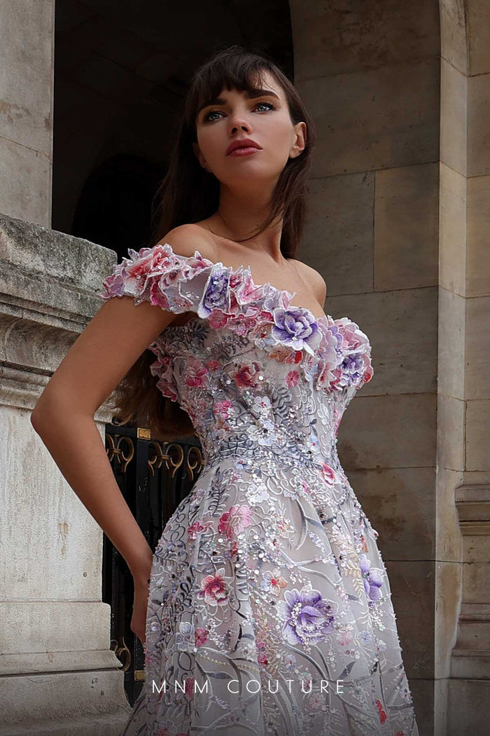 MNM Couture K4013 Off-Shoulder Floral Embellished White Gown