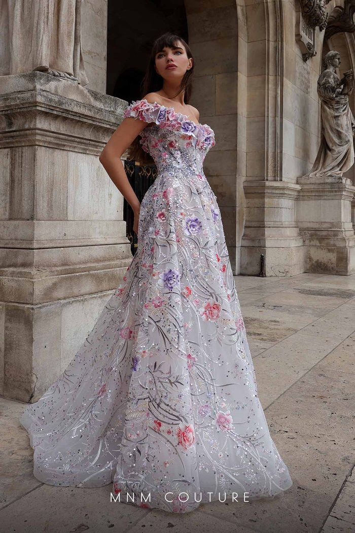 MNM Couture K4013 Off-Shoulder Floral Embellished White Gown