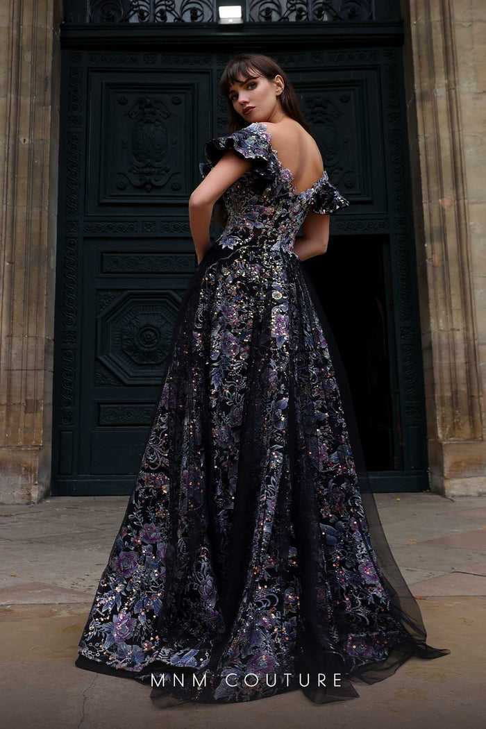 MNM Couture K4018 Black Off-Shoulder Sequin Ball Gown