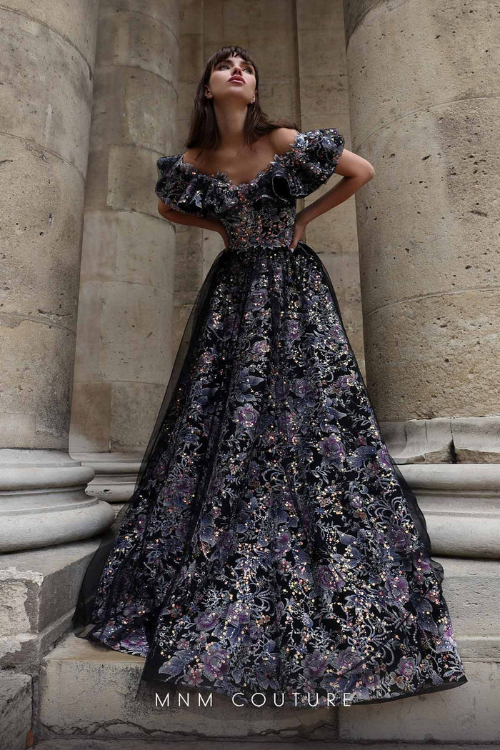 MNM Couture K4018 Black Off-Shoulder Sequin Ball Gown