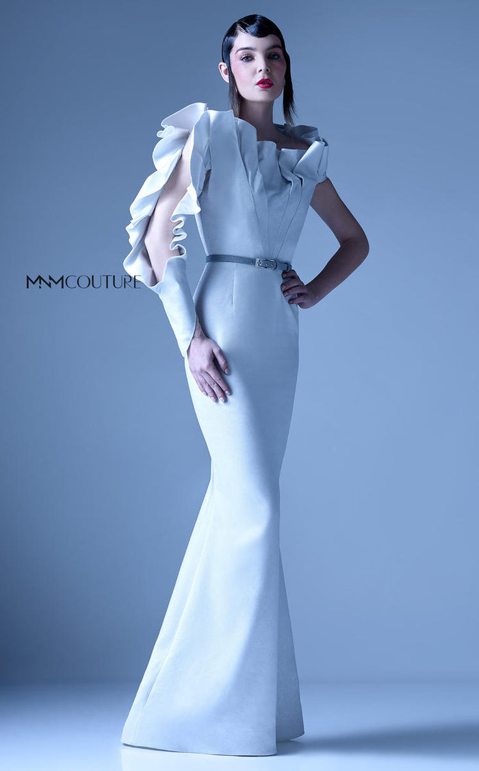 MNM Couture Gaby Charbachy G0934 Silver One-Sleeve Ruffle Evening Dress