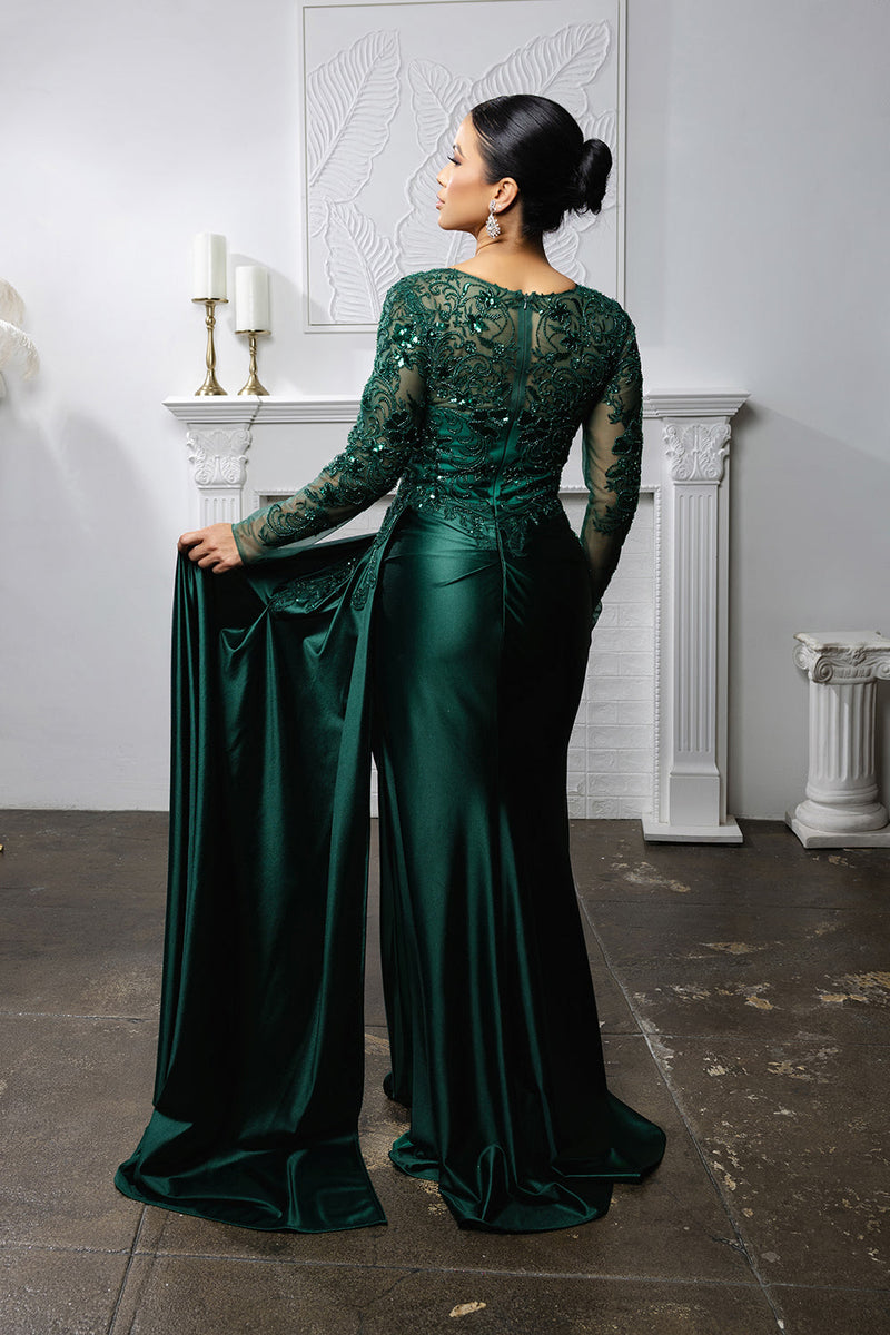 Elegant Lace Mother of the Bride Gown with Long Sleeves & Satin Skirt Dress by May Queen MQ2172