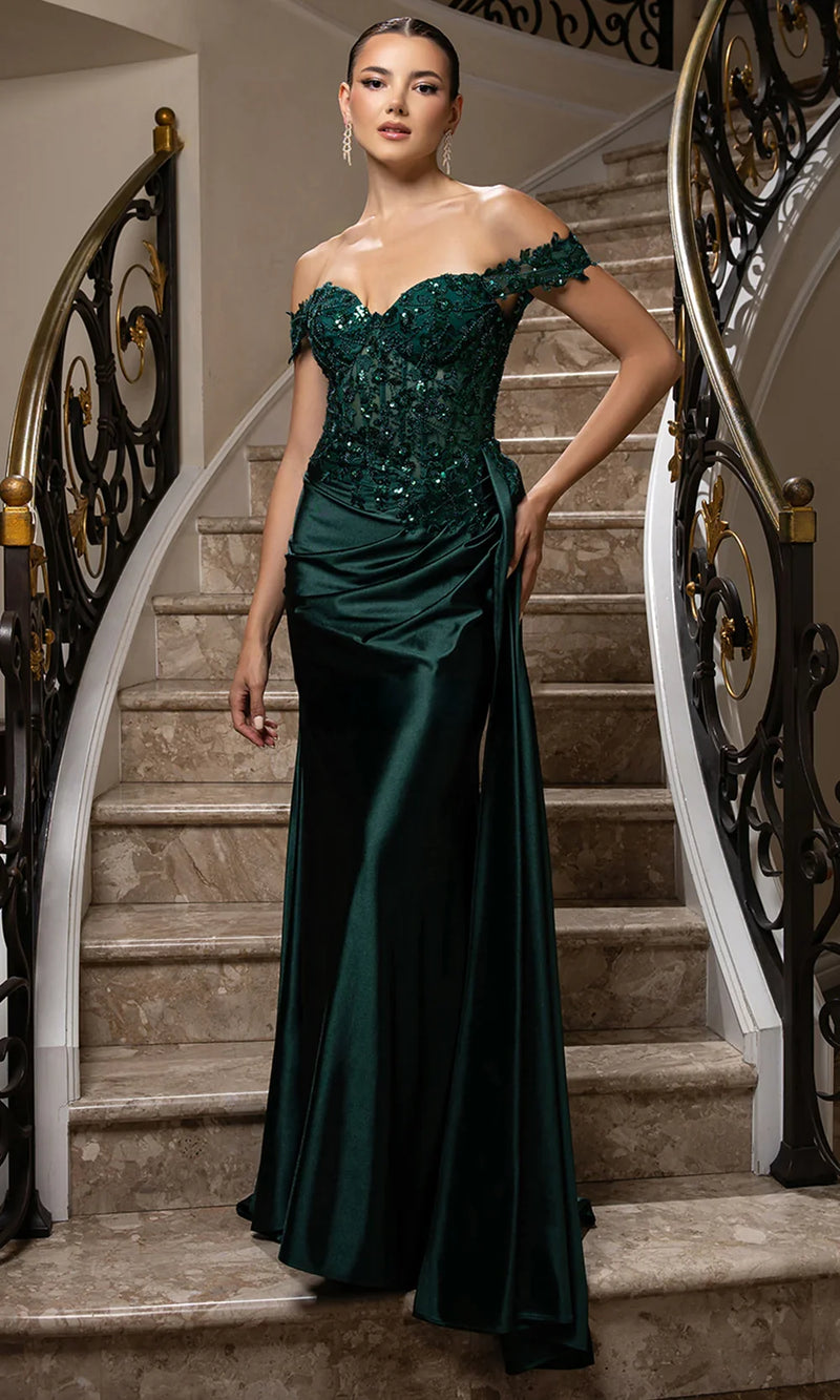 Off Shoulder Sequin Lace Satin Gown Fitted Corset Bodice Draped Skirt & Train by May Queen MQ2177