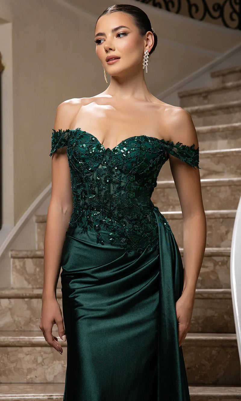 Off Shoulder Sequin Lace Satin Gown Fitted Corset Bodice Draped Skirt & Train by May Queen MQ2177