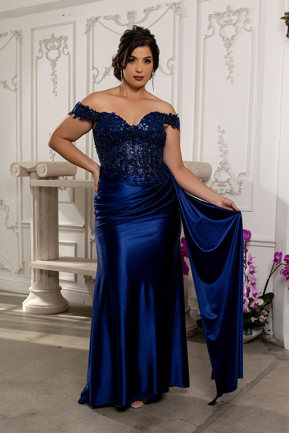 Off Shoulder Sequin Lace Satin Gown Fitted Corset Bodice Draped Skirt & Train by May Queen MQ2177