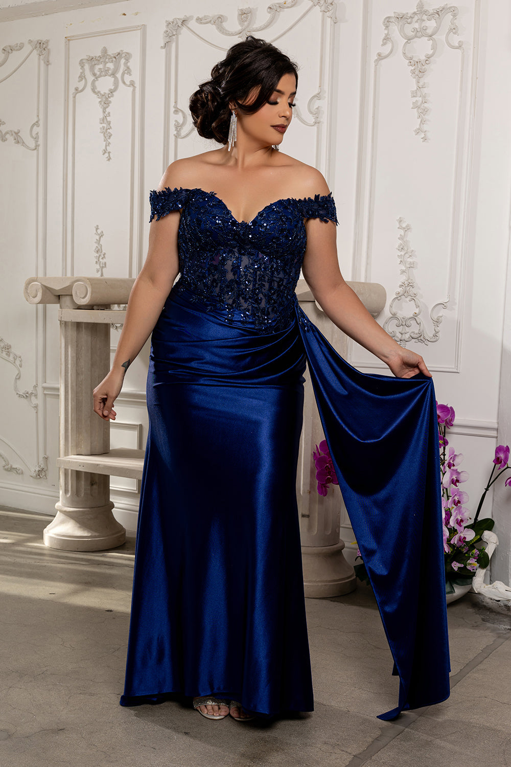 Off Shoulder Sequin Lace Satin Gown Fitted Corset Bodice Draped Skirt & Train by May Queen MQ2177