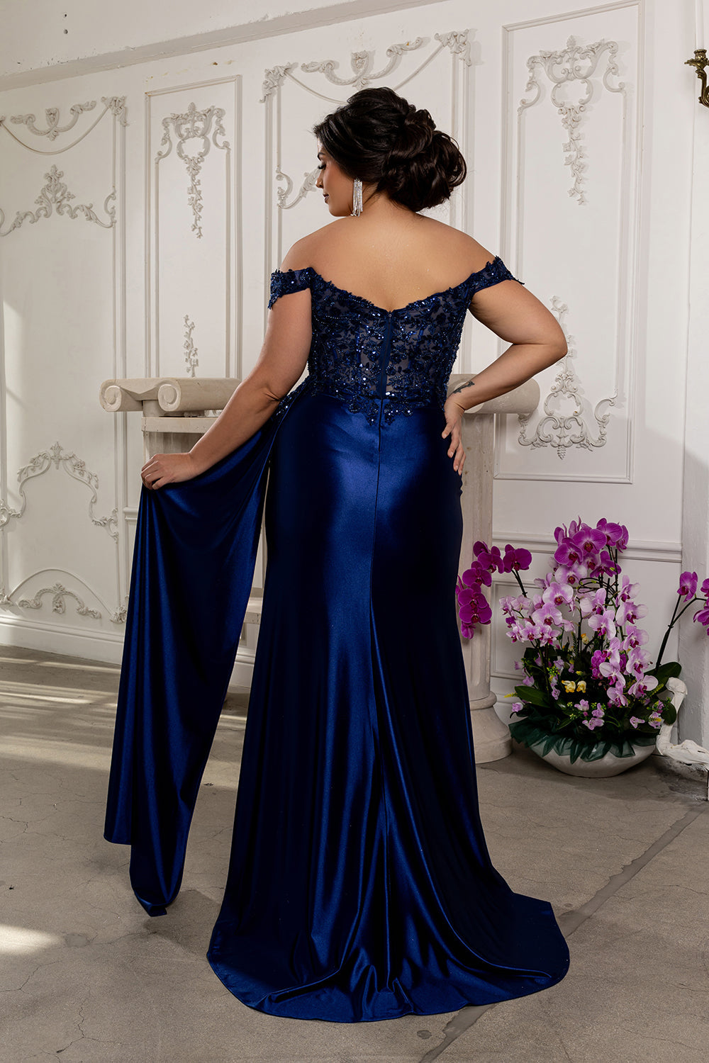 Off Shoulder Sequin Lace Satin Gown Fitted Corset Bodice Draped Skirt & Train by May Queen MQ2177