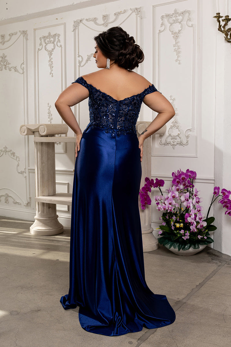 Off Shoulder Sequin Lace Satin Gown Fitted Corset Bodice Draped Skirt & Train by May Queen MQ2177