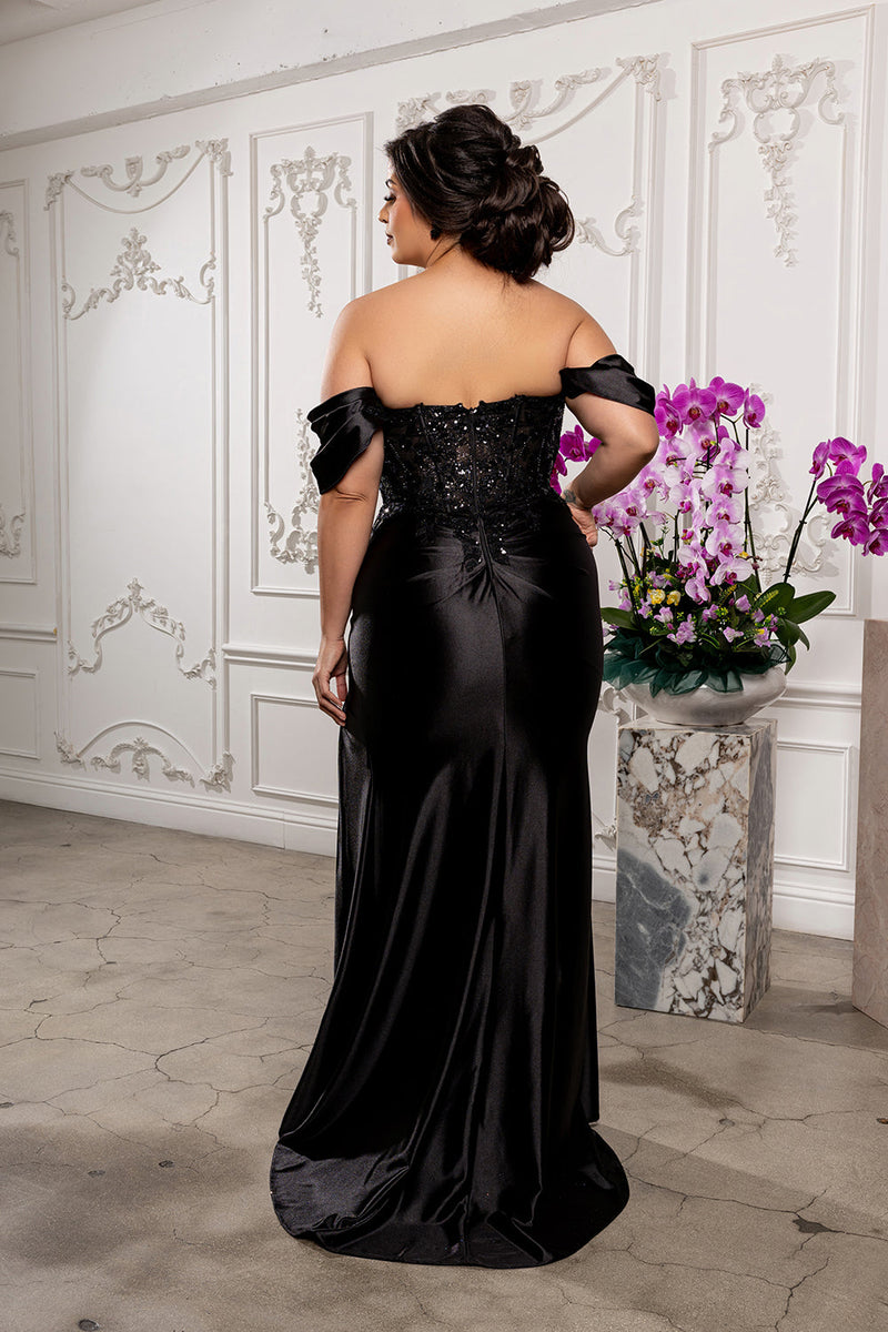 Off Shoulder Satin Mermaid Gown with Beaded Lace Appliqué & High Slit by May Queen MQ2181