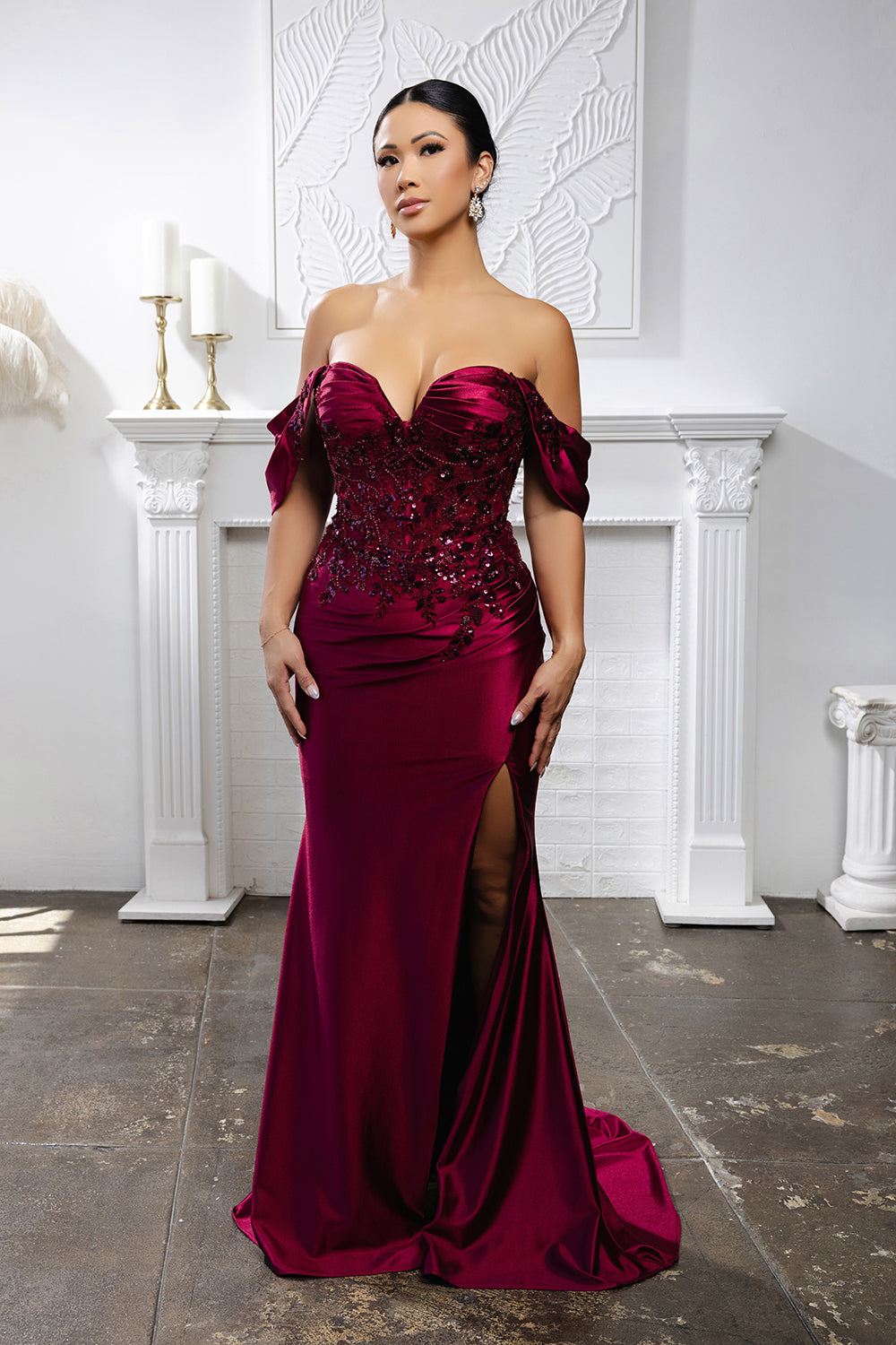 Off Shoulder Satin Mermaid Gown with Beaded Lace Appliqué & High Slit by May Queen MQ2181