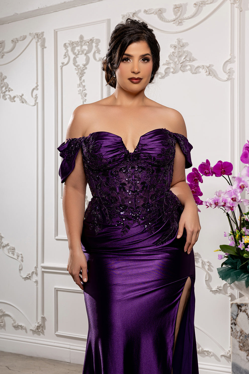 Off Shoulder Satin Mermaid Gown with Beaded Lace Appliqué & High Slit by May Queen MQ2181