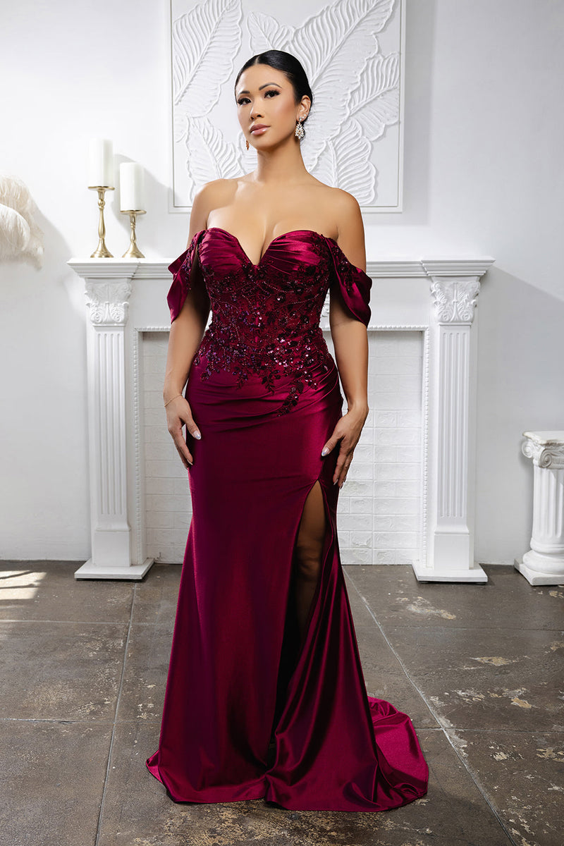 Plus Size Mermaid Evening Gown with Beaded Corset Bodice & High Slit by May Queen MQ2181B