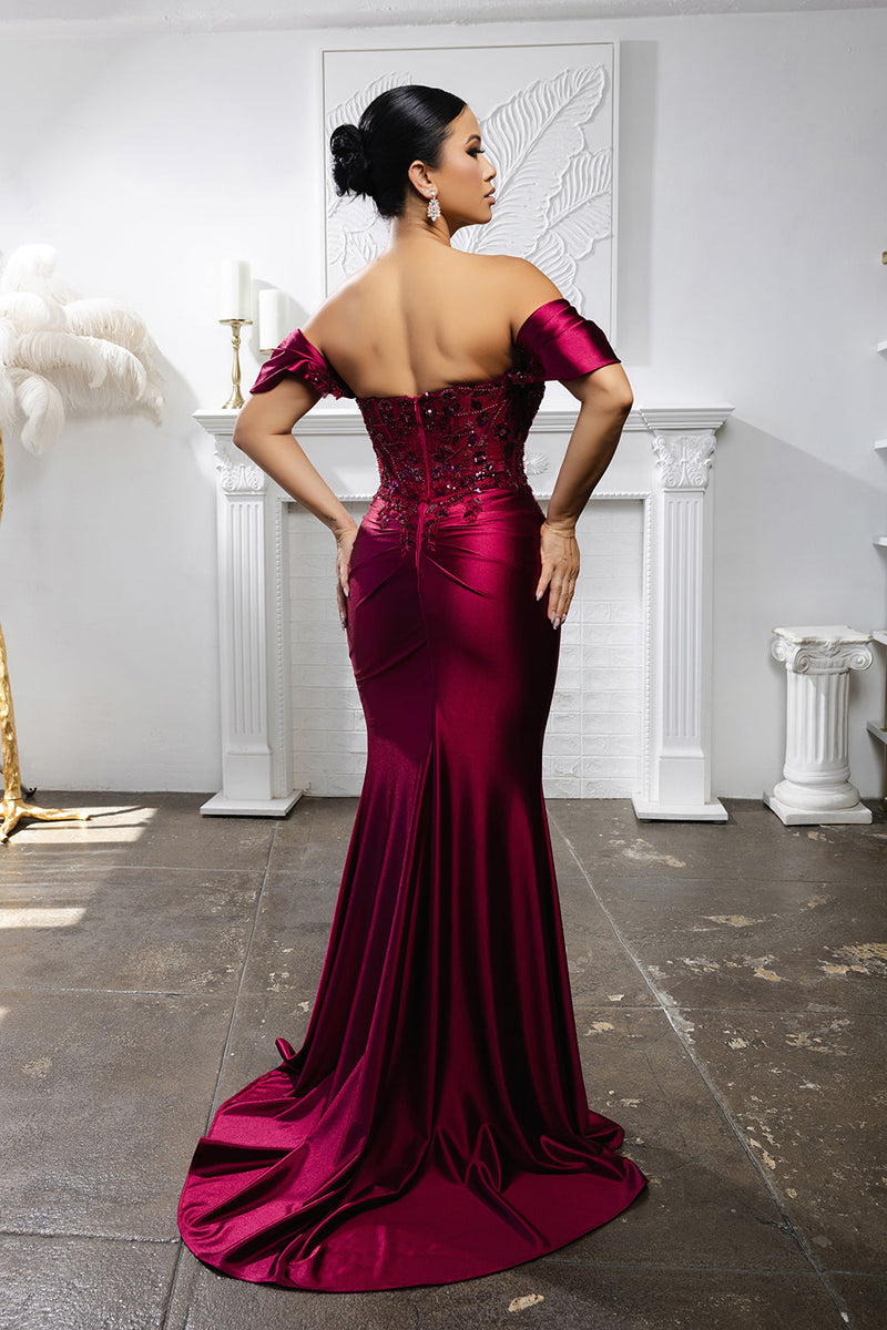 Plus Size Mermaid Evening Gown with Beaded Corset Bodice & High Slit by May Queen MQ2181B