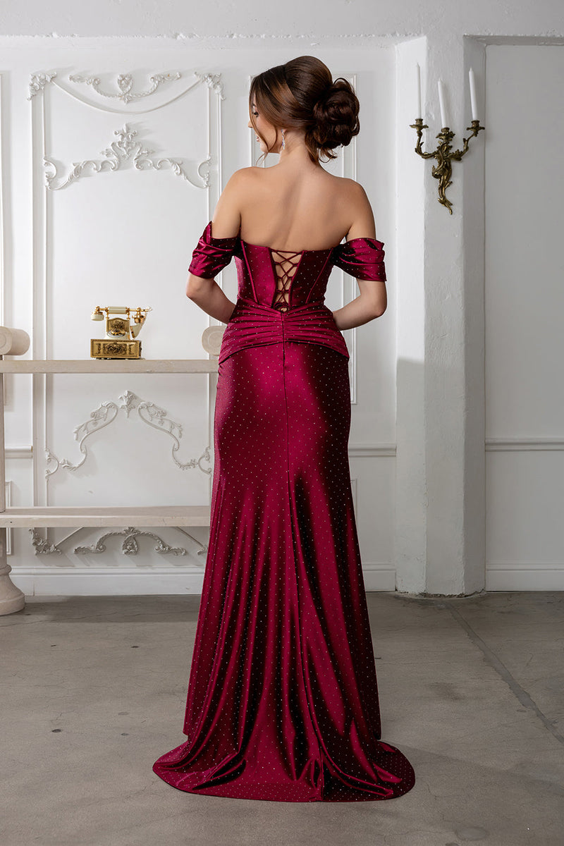 Off-Shoulder Satin Evening Gown with High Slit and Corset Back Formal Prom Dress By May Queen MQ2182