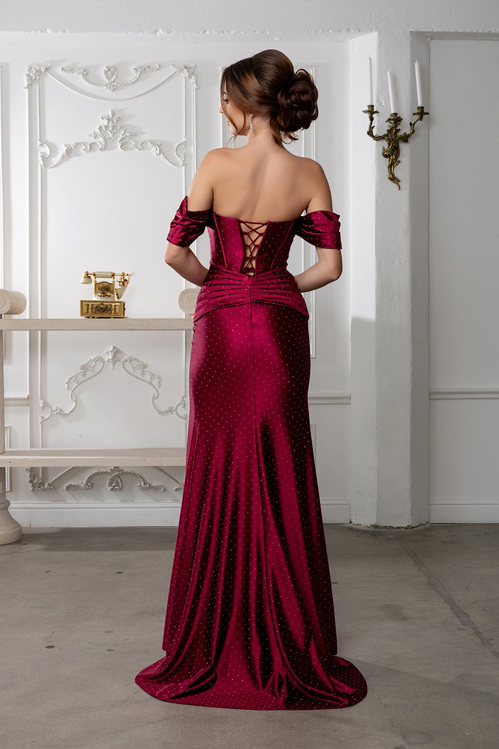 Off-Shoulder Satin Evening Gown with High Slit and Corset Back Formal Prom Dress By May Queen MQ2182