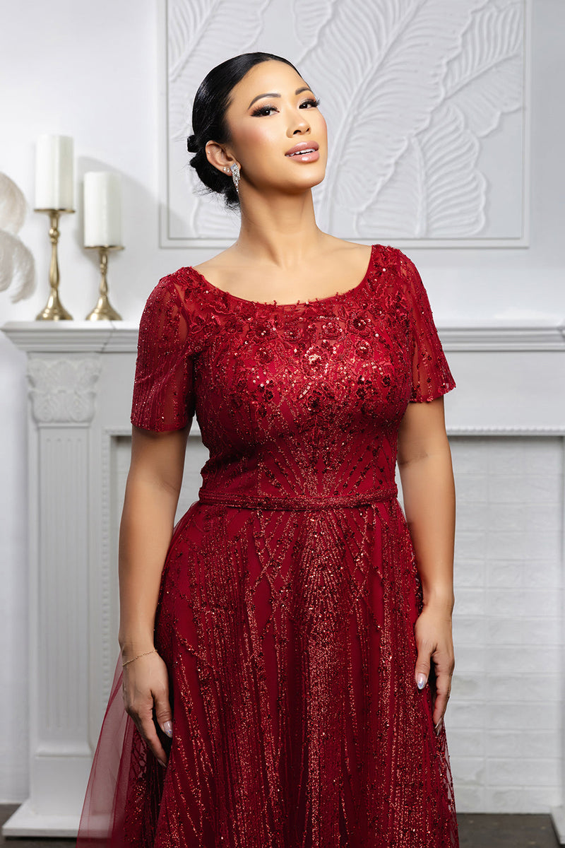 Beaded Short Sleeve A-Line Evening Gown with V-Back Mother of the Bride Dress by May Queen MQ2185
