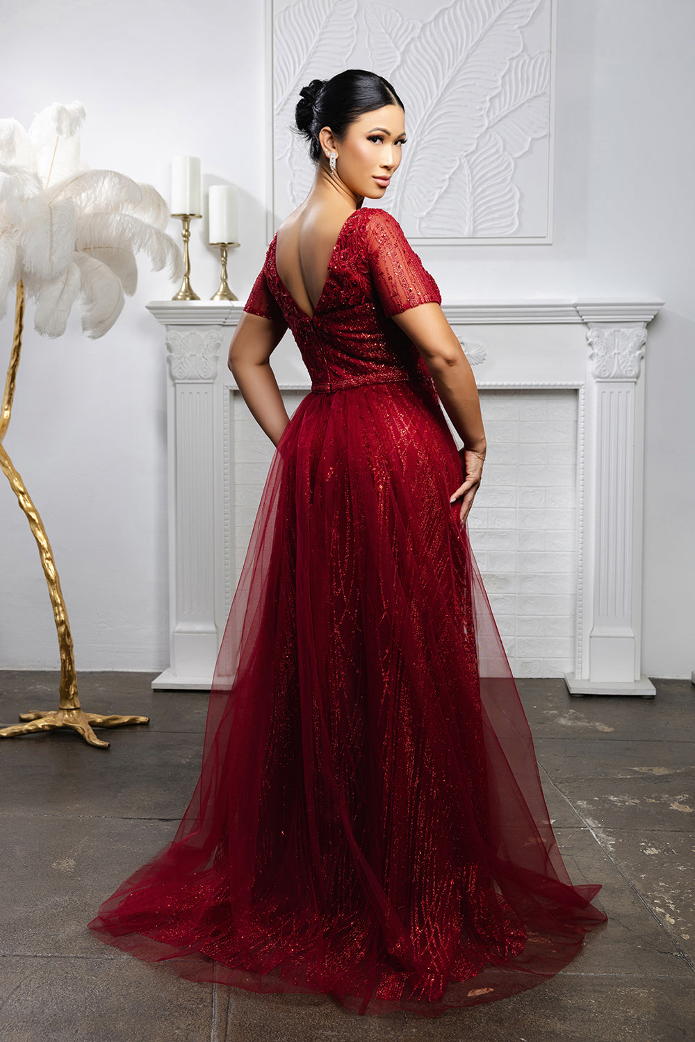 Beaded Short Sleeve A-Line Evening Gown with V-Back Mother of the Bride Dress by May Queen MQ2185