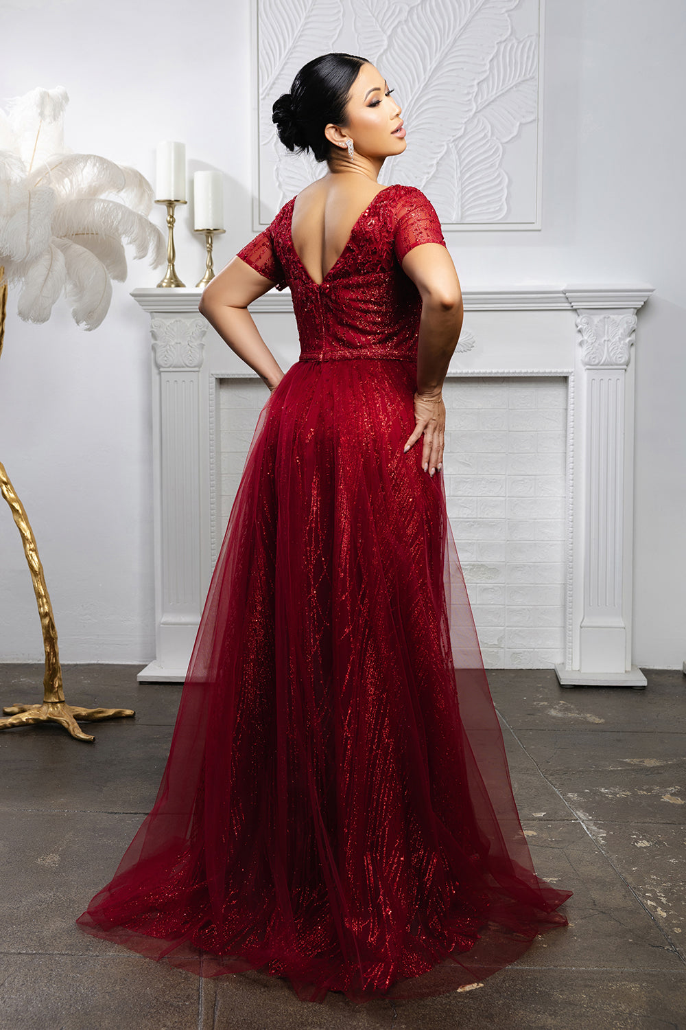 Beaded Short Sleeve A-Line Evening Gown with V-Back Mother of the Bride Dress by May Queen MQ2185