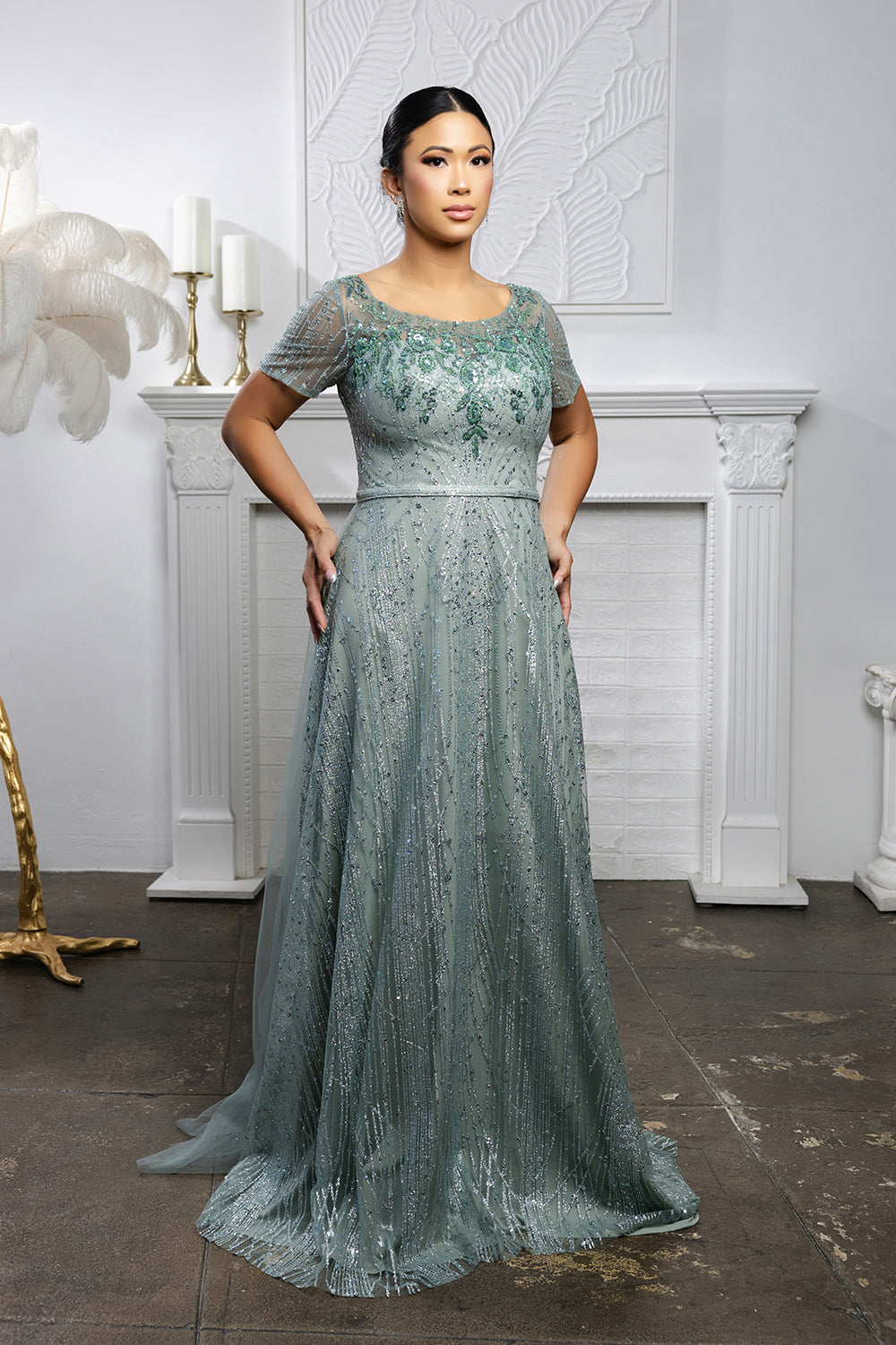 Beaded Short Sleeve A-Line Evening Gown with V-Back Mother of the Bride Dress by May Queen MQ2185