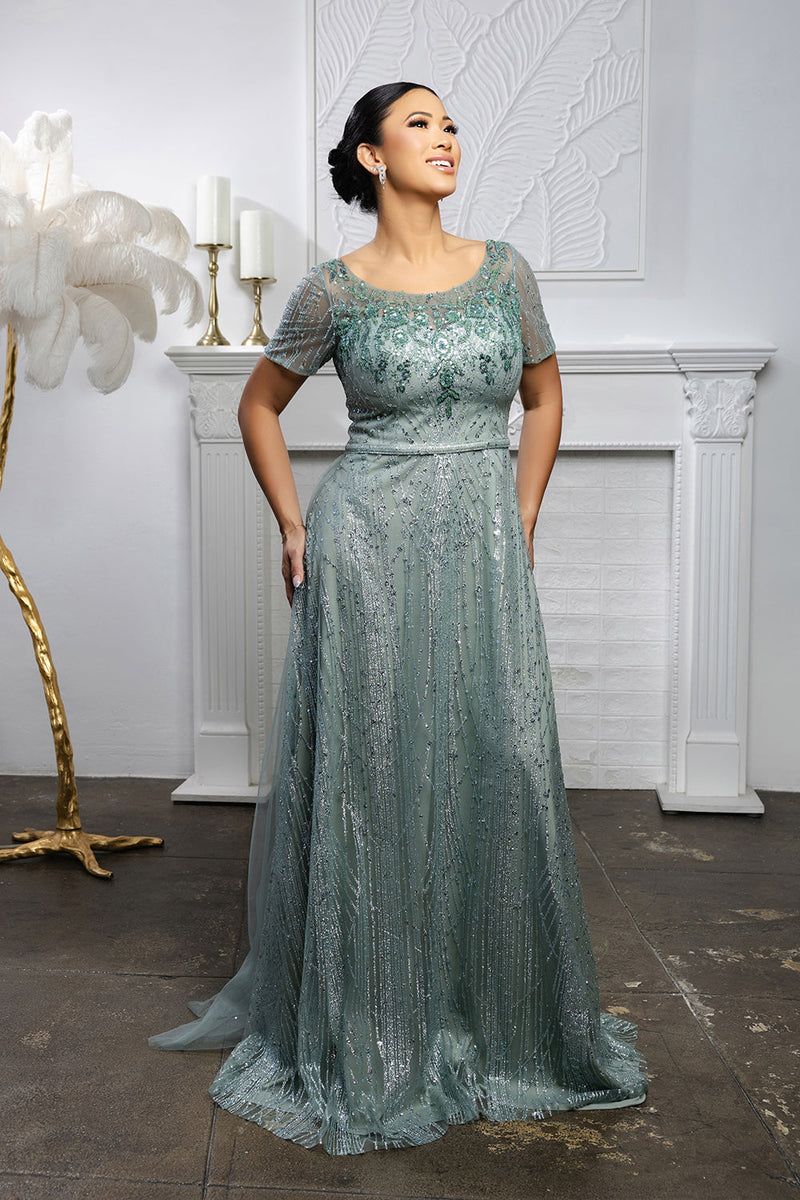 Beaded Short Sleeve A-Line Evening Gown with V-Back Mother of the Bride Dress by May Queen MQ2185