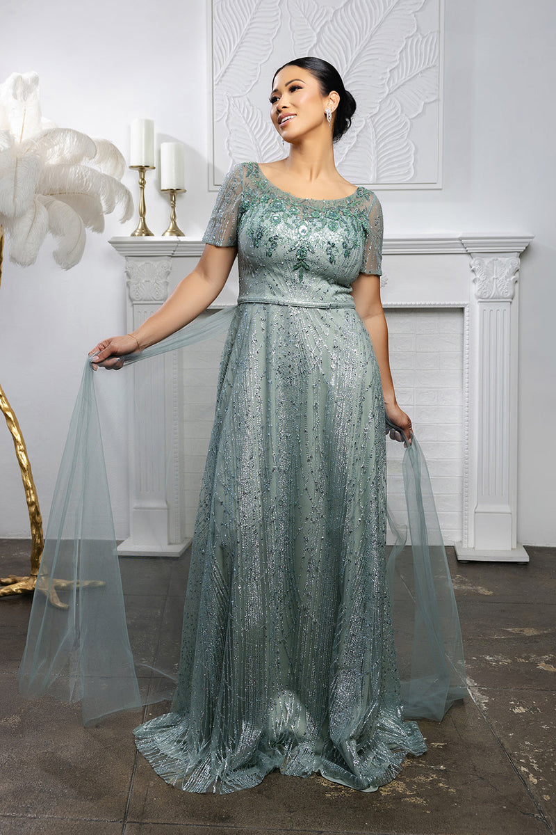 Beaded Short Sleeve A-Line Evening Gown with V-Back Mother of the Bride Dress by May Queen MQ2185