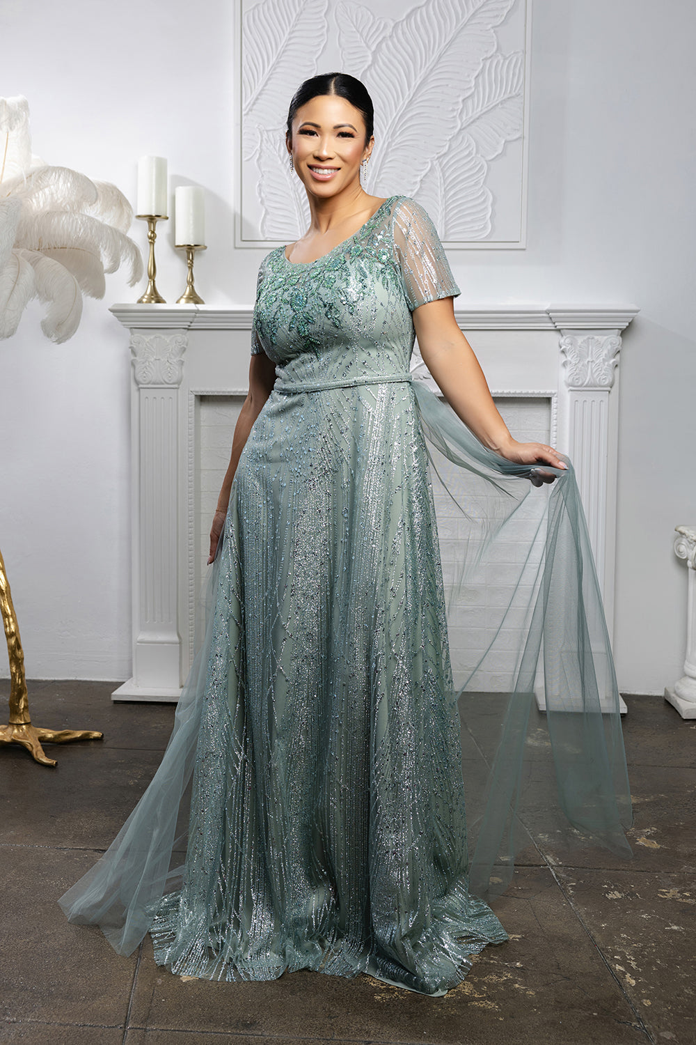 Beaded Short Sleeve A-Line Evening Gown with V-Back Mother of the Bride Dress by May Queen MQ2185