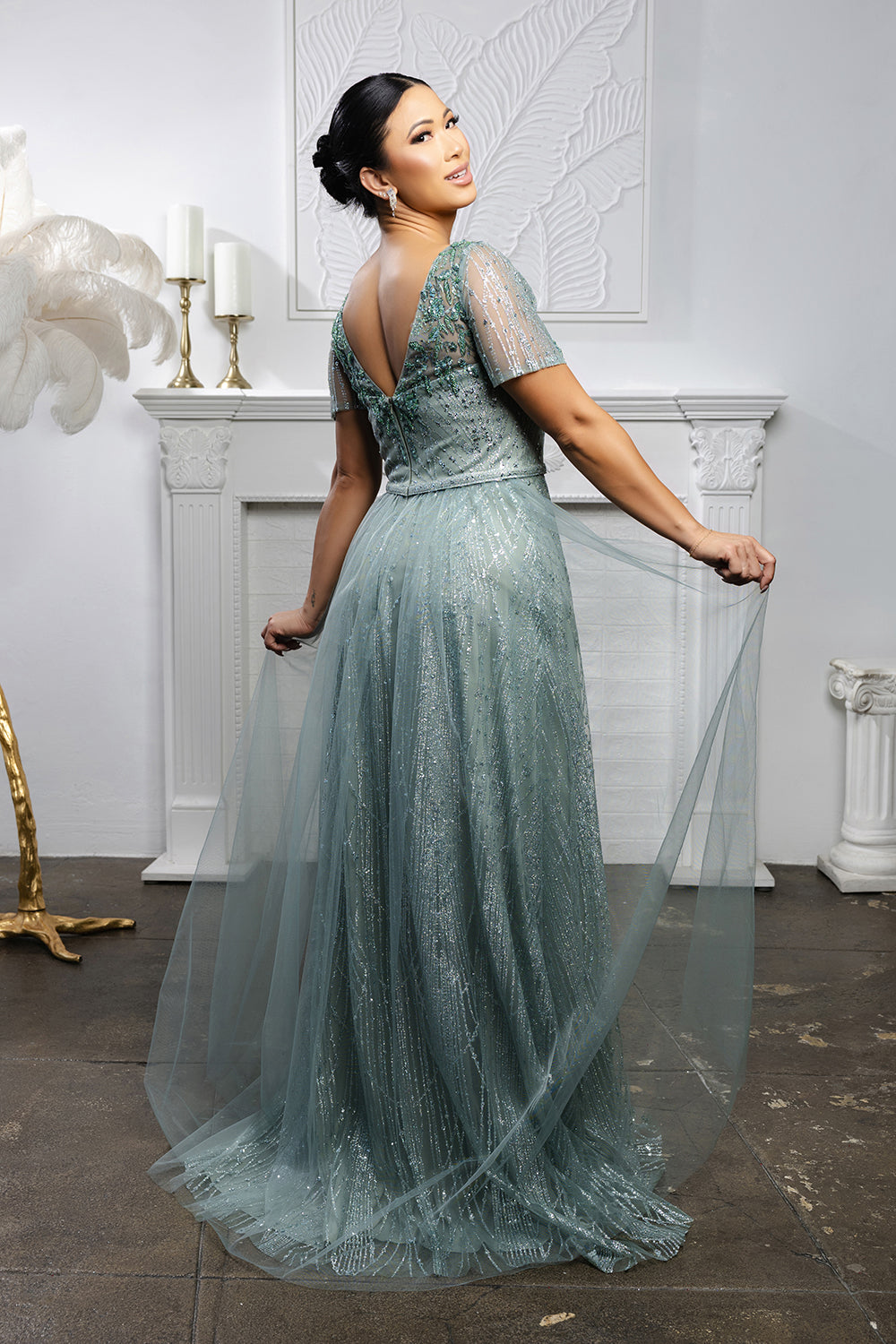 Beaded Short Sleeve A-Line Evening Gown with V-Back Mother of the Bride Dress by May Queen MQ2185