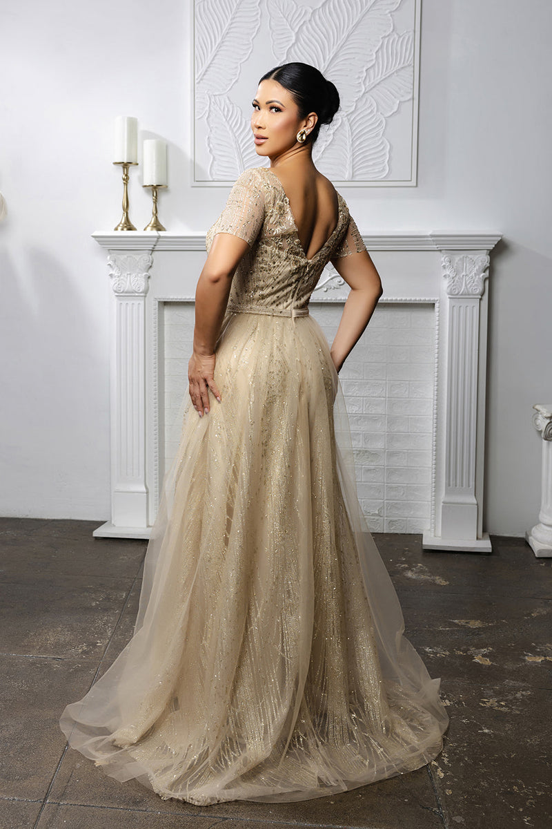 Beaded Short Sleeve A-Line Evening Gown with V-Back Mother of the Bride Dress by May Queen MQ2185