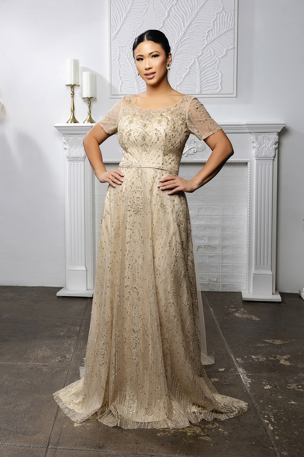 Beaded Short Sleeve A-Line Evening Gown with V-Back Mother of the Bride Dress by May Queen MQ2185
