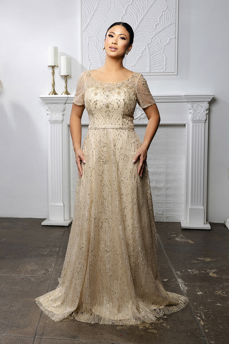 Beaded Short Sleeve A-Line Evening Gown with V-Back Mother of the Bride Dress by May Queen MQ2185