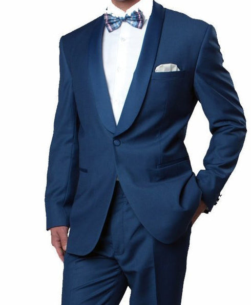 Blue Slim Fit Tuxedo With Satin Shawl Lapel 1 Button