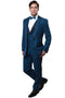 Teal blue men's tuxedo with one-button closure, satin peak lapel trim, and matching vest. Smooth, tailored material.
