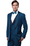 Mens Teal Blue Fancy Tuxedo – One Button Satin Trim Peak Lapel with Vest