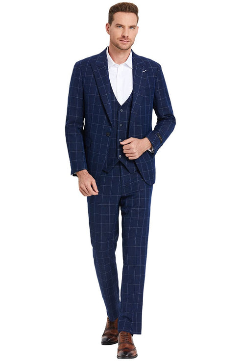 "Men's Navy  Windowpane Plaid Suit - One Button Peak Lapel Vested"