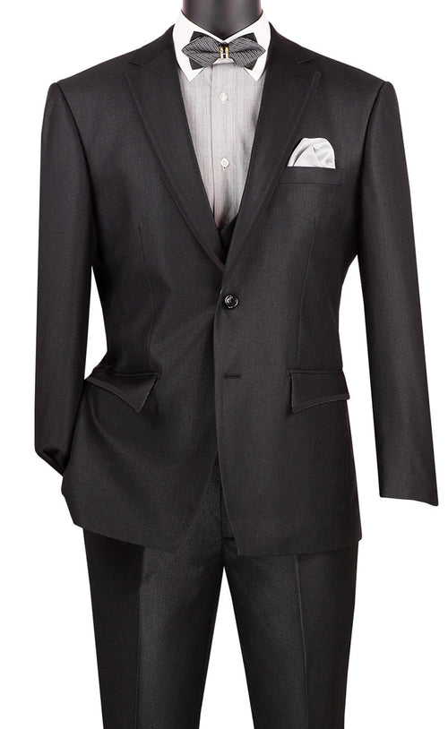 Birdseye Pattern Modern Fit 3 Piece Black Suit with Black Trim