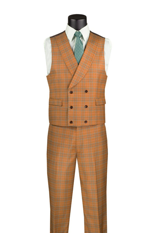 Orange Modern Fit Windowpane Peak Lapel 3 Piece Suit