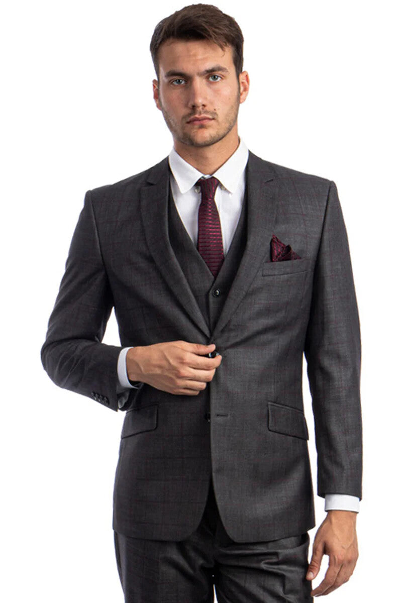 Men's vested suit by Alberto Nardoni features a modern fit design crafted from 100% wool. The suit is predominantly a dark gray color with a subtle plaid pattern, and includes a matching vest underneath the jacket.