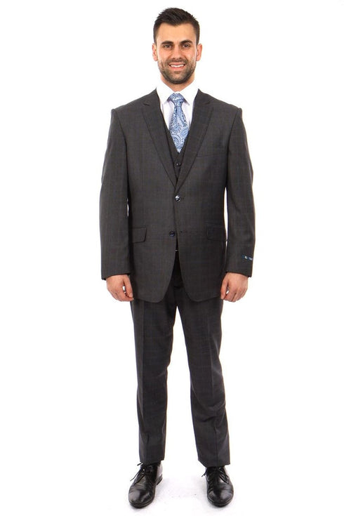 "Men's Wool Vested Suit - Modern Fit, Charcoal Grey & Blue Plaid"