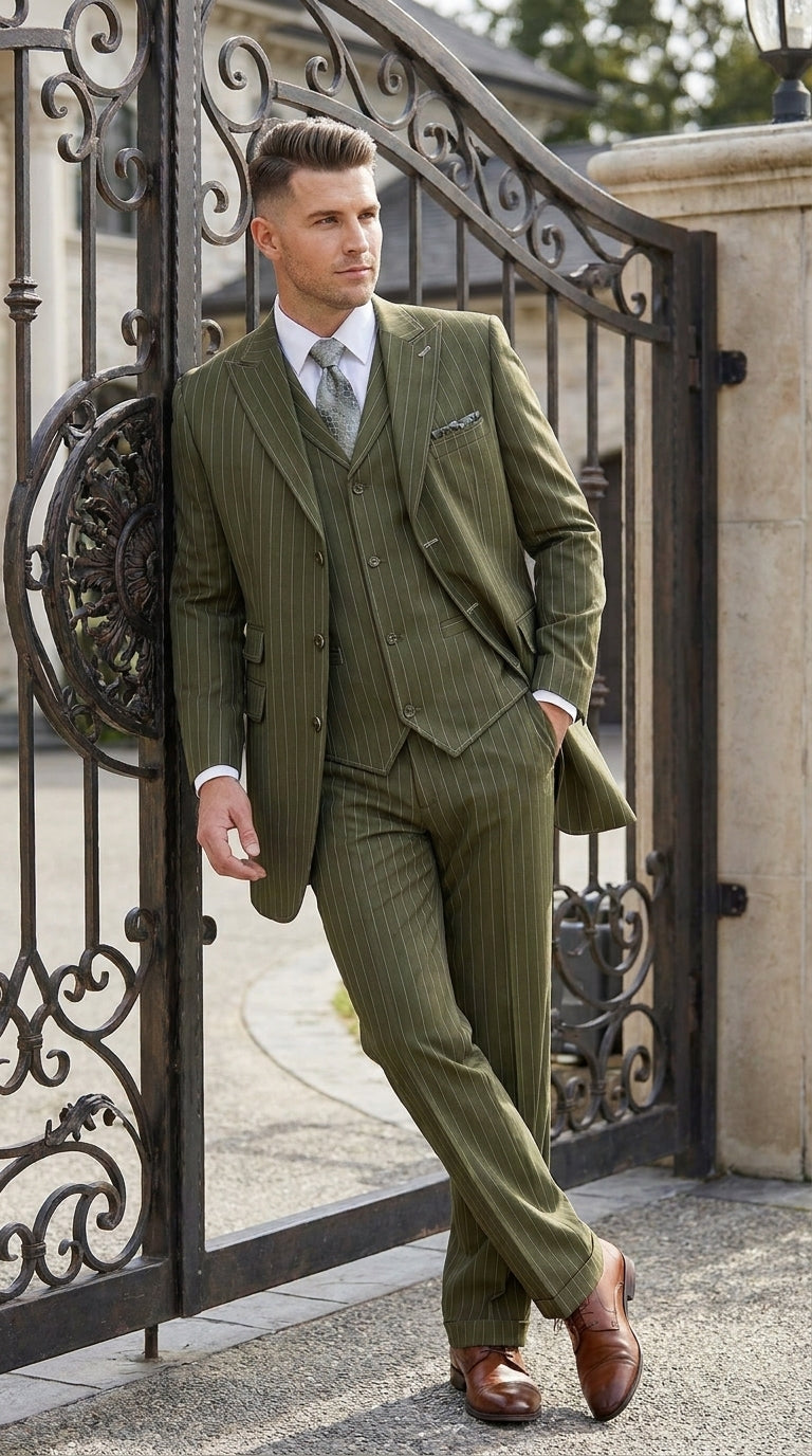 Men’s Big and Tall Olive Pinstripe 3 Piece Suit, Plus Size Long Jacket Formal Wedding Business Suit